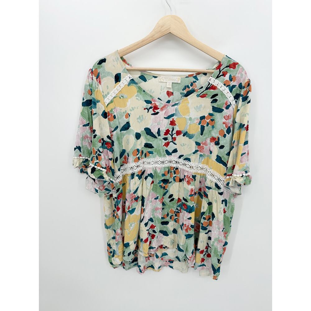 Weekend Suzanne Betro Blouse Women 1X Floral Fruit Short Sleeve Embroidery Boho